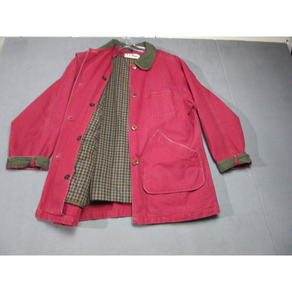 LL Bean Barn Coat Womens Medium Red Canvas Brown Corduroy Field Jacket Chore